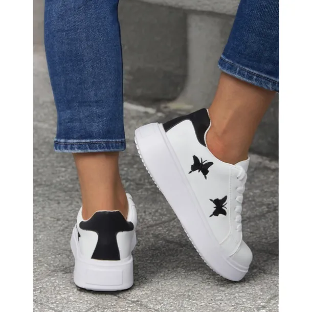 Women's White Platform Sneakers with Butterfly Embroidery | Casual Lace-Up Shoes for Everyday Wear