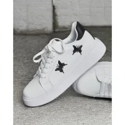 Women's White Platform Sneakers with Butterfly Embroidery | Casual Lace-Up Shoes for Everyday Wear