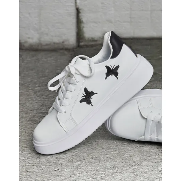 Women's White Platform Sneakers with Butterfly Embroidery | Casual Lace-Up Shoes for Everyday Wear