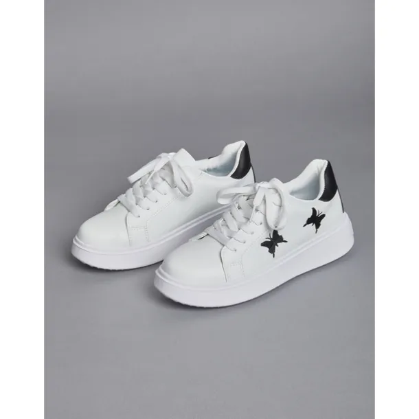 Women's White Platform Sneakers with Butterfly Embroidery | Casual Lace-Up Shoes for Everyday Wear