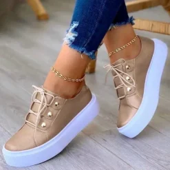 Women's White Platform Sneakers with Gold Button Details - Trendy Lace-Up Casual Shoes for Everyday Wear