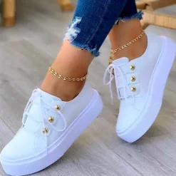 Women's White Platform Sneakers with Gold Button Details - Trendy Lace-Up Casual Shoes for Everyday Wear