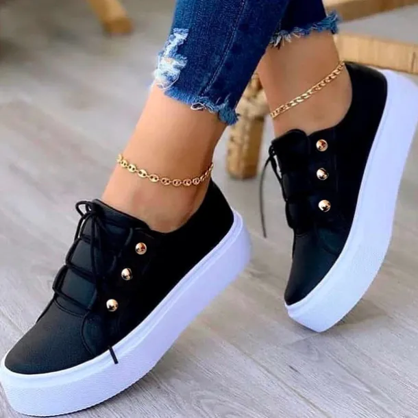 Women's White Platform Sneakers with Gold Button Details - Trendy Lace-Up Casual Shoes for Everyday Wear