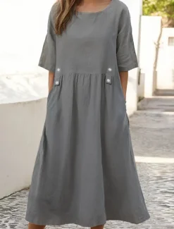 Women's White Purple Green Summer Spring Midi Dress Linen-Inspired Dresses White Dress Casual Dress Basic Daily Weekend Loose Fit Plain Crew Neck