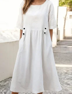 Women's White Purple Green Summer Spring Midi Dress Linen-Inspired Dresses White Dress Casual Dress Basic Daily Weekend Loose Fit Plain Crew Neck