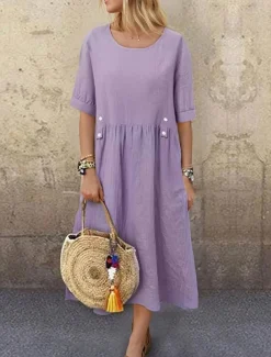 Women's White Purple Green Summer Spring Midi Dress Linen-Inspired Dresses White Dress Casual Dress Basic Daily Weekend Loose Fit Plain Crew Neck