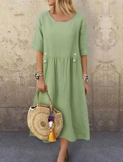 Women's White Purple Green Summer Spring Midi Dress Linen-Inspired Dresses White Dress Casual Dress Basic Daily Weekend Loose Fit Plain Crew Neck