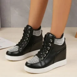 Women's White Rhinestone Wedge Sneakers – Faux Leather High Top Platform Shoes for Casual, Party & Streetwear Fashion