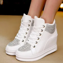 Women's White Rhinestone Wedge Sneakers – Faux Leather High Top Platform Shoes for Casual, Party & Streetwear Fashion