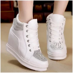 Women's White Rhinestone Wedge Sneakers – Faux Leather High Top Platform Shoes for Casual, Party & Streetwear Fashion