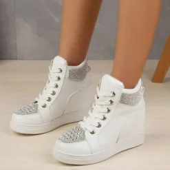 Women's White Rhinestone Wedge Sneakers – Faux Leather High Top Platform Shoes for Casual, Party & Streetwear Fashion