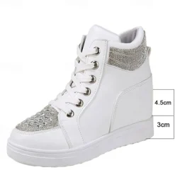 Women's White Rhinestone Wedge Sneakers – Faux Leather High Top Platform Shoes for Casual, Party & Streetwear Fashion