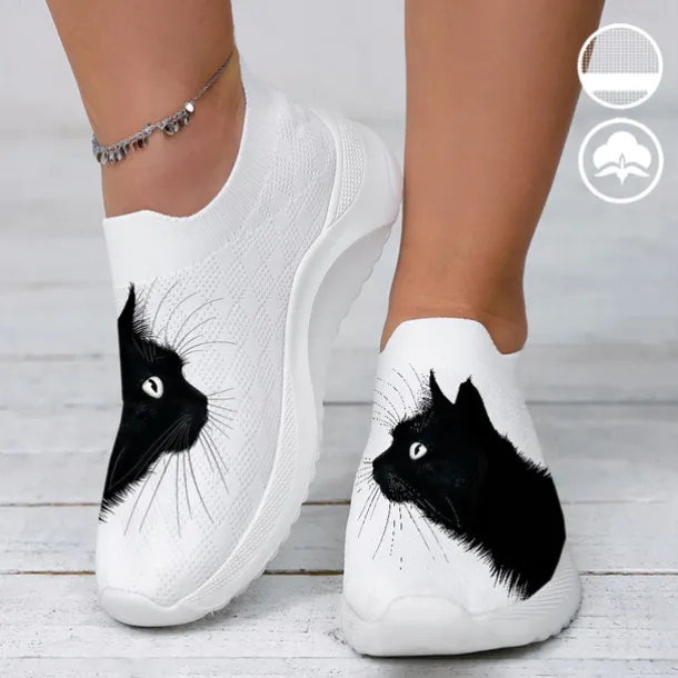 Women's White Slip-On Sneakers with Black Cat Print - Breathable Flyknit Casual Shoes for Everyday Comfort and Style