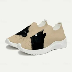 Women's White Slip-On Sneakers with Black Cat Print - Breathable Flyknit Casual Shoes for Everyday Comfort and Style