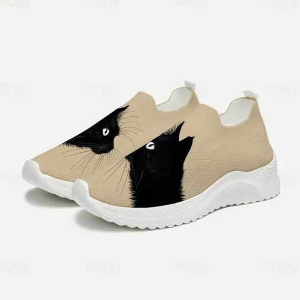 Women's White Slip-On Sneakers with Black Cat Print - Breathable Flyknit Casual Shoes for Everyday Comfort and Style