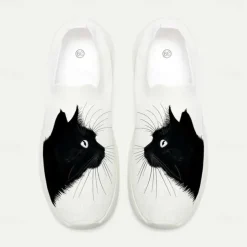Women's White Slip-On Sneakers with Black Cat Print - Breathable Flyknit Casual Shoes for Everyday Comfort and Style