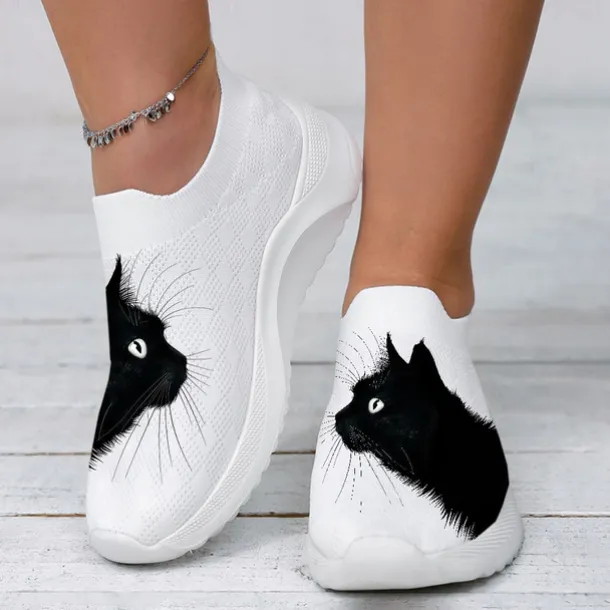 Women's White Slip-On Sneakers with Black Cat Print - Breathable Flyknit Casual Shoes for Everyday Comfort and Style