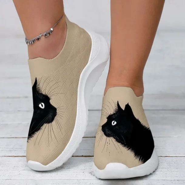 Women's White Slip-On Sneakers with Black Cat Print - Breathable Flyknit Casual Shoes for Everyday Comfort and Style