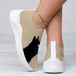 Women's White Slip-On Sneakers with Black Cat Print - Breathable Flyknit Casual Shoes for Everyday Comfort and Style