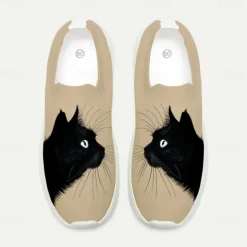 Women's White Slip-On Sneakers with Black Cat Print - Breathable Flyknit Casual Shoes for Everyday Comfort and Style