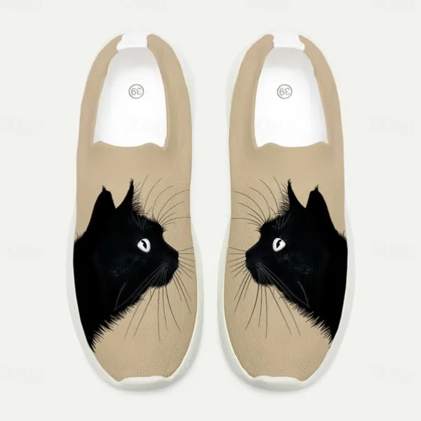 Women's White Slip-On Sneakers with Black Cat Print - Breathable Flyknit Casual Shoes for Everyday Comfort and Style