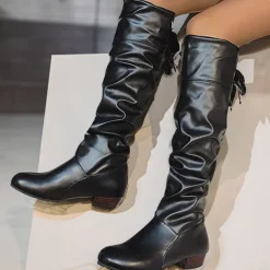 Women's White Slouchy Knee-High Boots - Soft Faux Leather with Low Heel, Perfect for Casual Outings or Pairing with Dresses for a Chic Look