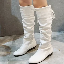 Women's White Slouchy Knee-High Boots - Soft Faux Leather with Low Heel, Perfect for Casual Outings or Pairing with Dresses for a Chic Look