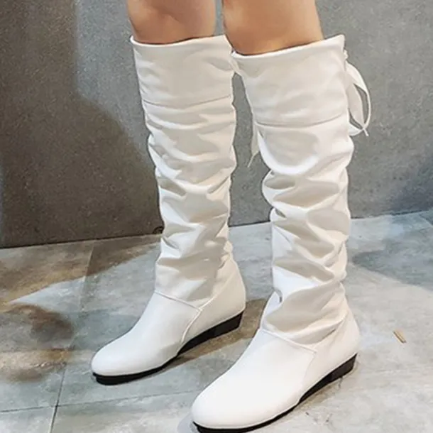 Women's White Slouchy Knee-High Boots - Soft Faux Leather with Low Heel, Perfect for Casual Outings or Pairing with Dresses for a Chic Look