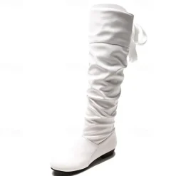 Women's White Slouchy Knee-High Boots - Soft Faux Leather with Low Heel, Perfect for Casual Outings or Pairing with Dresses for a Chic Look