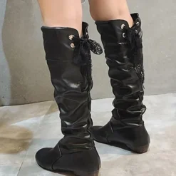 Women's White Slouchy Knee-High Boots - Soft Faux Leather with Low Heel, Perfect for Casual Outings or Pairing with Dresses for a Chic Look