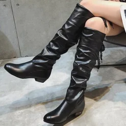 Women's White Slouchy Knee-High Boots - Soft Faux Leather with Low Heel, Perfect for Casual Outings or Pairing with Dresses for a Chic Look