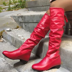 Women's White Slouchy Knee-High Boots - Soft Faux Leather with Low Heel, Perfect for Casual Outings or Pairing with Dresses for a Chic Look