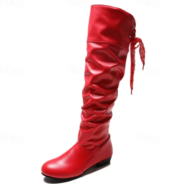 Women's White Slouchy Knee-High Boots - Soft Faux Leather with Low Heel, Perfect for Casual Outings or Pairing with Dresses for a Chic Look