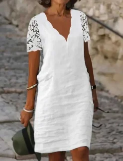 Women's White Summer Spring Midi Dress Linen-Inspired Dresses White Dress Casual Dress Modern Casual Mature Outdoor Vacation Daily Regular Fit Plain V Neck