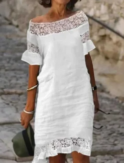 Women's White Summer Spring Midi Dress Linen-Inspired Dresses Casual Dress Shift Dress Fashion Modern Casual Outdoor Vacation Daily Regular Fit Plain Off Shoulder