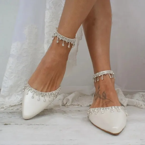 Women's White Wedding Flats – Elegant Bridal Shoes with Rhinestone Ankle Straps for Brides and Formal Events