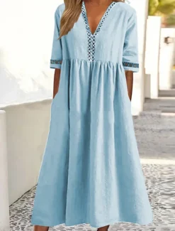 Women's White Yellow Pink Summer Spring Fall Midi Dress Cotton Linen Dresses Casual Dress Swing Dress Basic Classic Casual Outdoor Vacation Daily Loose Fit Plain V Neck