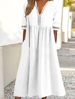 Women's White Yellow Pink Summer Spring Fall Midi Dress Cotton Linen Dresses Casual Dress Swing Dress Basic Classic Casual Outdoor Vacation Daily Loose Fit Plain V Neck
