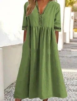 Women's White Yellow Pink Summer Spring Fall Midi Dress Cotton Linen Dresses Casual Dress Swing Dress Basic Classic Casual Outdoor Vacation Daily Loose Fit Plain V Neck