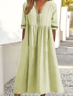 Women's White Yellow Pink Summer Spring Fall Midi Dress Cotton Linen Dresses Casual Dress Swing Dress Basic Classic Casual Outdoor Vacation Daily Loose Fit Plain V Neck
