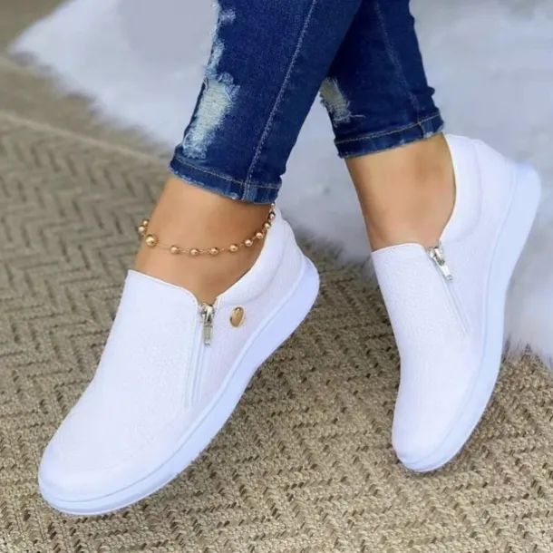 Women's White Zipper Slip-On Sneakers - Comfortable Casual Shoes with Cushioned Sole for Everyday Wear