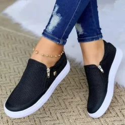 Women's White Zipper Slip-On Sneakers - Comfortable Casual Shoes with Cushioned Sole for Everyday Wear