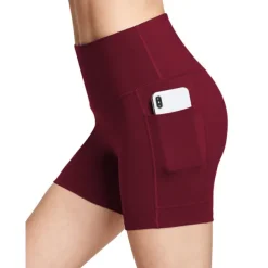 Women's Wide Band Waist Sports Shorts With Phone Pocket Solid Colored High Waist Elastic Yoga Running Bottom Pants