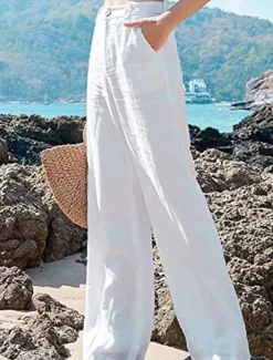 Women's Wide Leg Baggy Pants Solid Color Fashion Basic Full Length High Waist Plain Pocket Comfort Outdoor Micro-elastic Vacation Street Daily Deep Green Black White Summer Spring Regular Fit