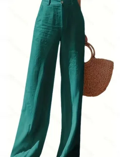 Women's Wide Leg Baggy Pants Solid Color Fashion Basic Full Length High Waist Plain Pocket Comfort Outdoor Micro-elastic Vacation Street Daily Deep Green Black White Summer Spring Regular Fit