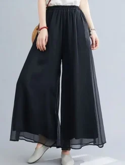 Women's Wide Leg Chinos Active Classic Style Full Length High Waist Plain Elastic Waistband Comfy Soft Comfortable Micro-elastic Outdoor Vacation Street Black White Summer Regular Fit