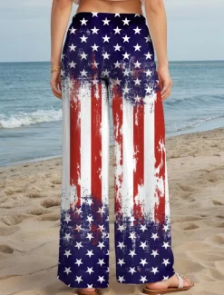 Women's Wide Leg Chinos Baggy Pants Vacation Vintage Fashion Full Length High WaistPantsAmerican Independence Day Graphic Flag Drawstring Printing Soft Breathable Micro-elastic Formal Vacation Street