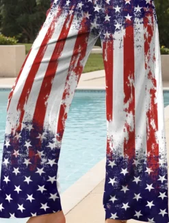 Women's Wide Leg Chinos Baggy Pants Vacation Vintage Fashion Full Length High WaistPantsAmerican Independence Day Graphic Flag Drawstring Printing Soft Breathable Micro-elastic Formal Vacation Street