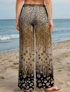 Women's Wide Leg Chinos Baggy Pants Vacation Vintage Fashion Full Length High Waist Graphic Leopard Geometric Printing Thermal Warm Soft Breathable Micro-elastic Vacation Street Causal Dark red