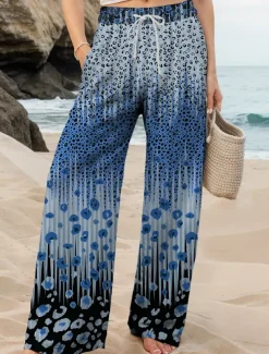 Women's Wide Leg Chinos Baggy Pants Vacation Vintage Fashion Full Length High Waist Graphic Leopard Geometric Printing Thermal Warm Soft Breathable Micro-elastic Vacation Street Causal Dark red